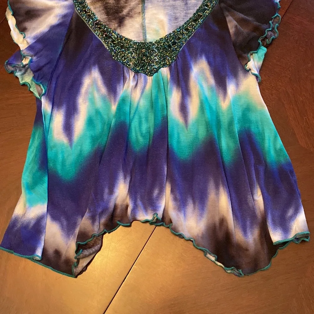 Venus Size L Tie Dye Flutter Sleeve Beaded Boho Top
